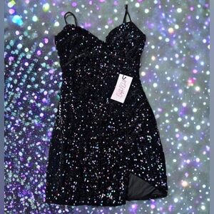 Crystal Doll Black Sequin Bodycon Mini Dress Slit | S | Party Cocktail | Dance